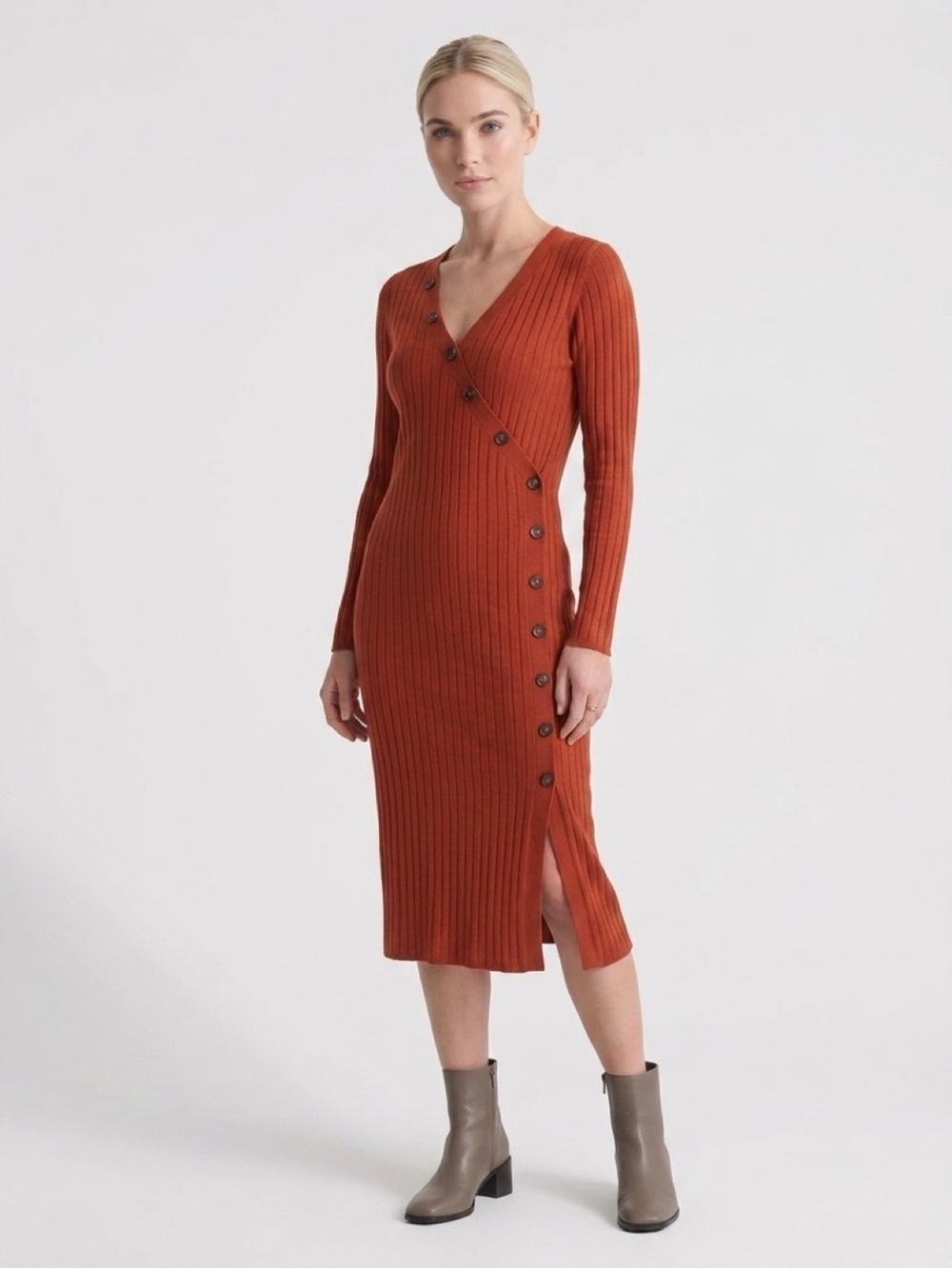 ASOS Ribbed Wrap-Style Midi Dress in Brick Red - Picture 1 of 6